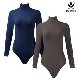 Round Neck Long Sleeved Brushed Warm Jumpsuit (Option: Tibetan blue x coffee color-M)